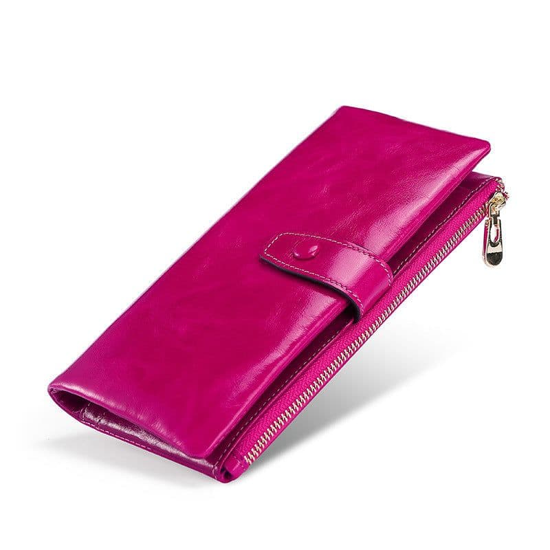 image-Women's Real Leather Long Multiple Card Slots Hand-held Retro Oil Wax Skin Coin Purse