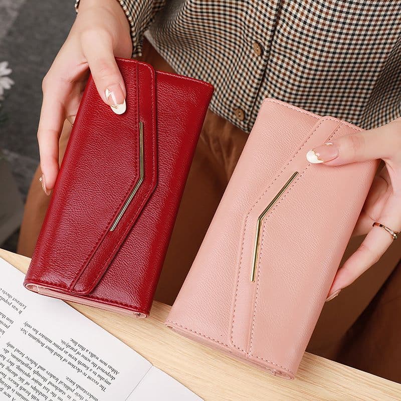 image-Women's Long Three-fold Stitching Fashion Multi-card-slot Leather Oil Wax Leather Large-capacity Wallet
