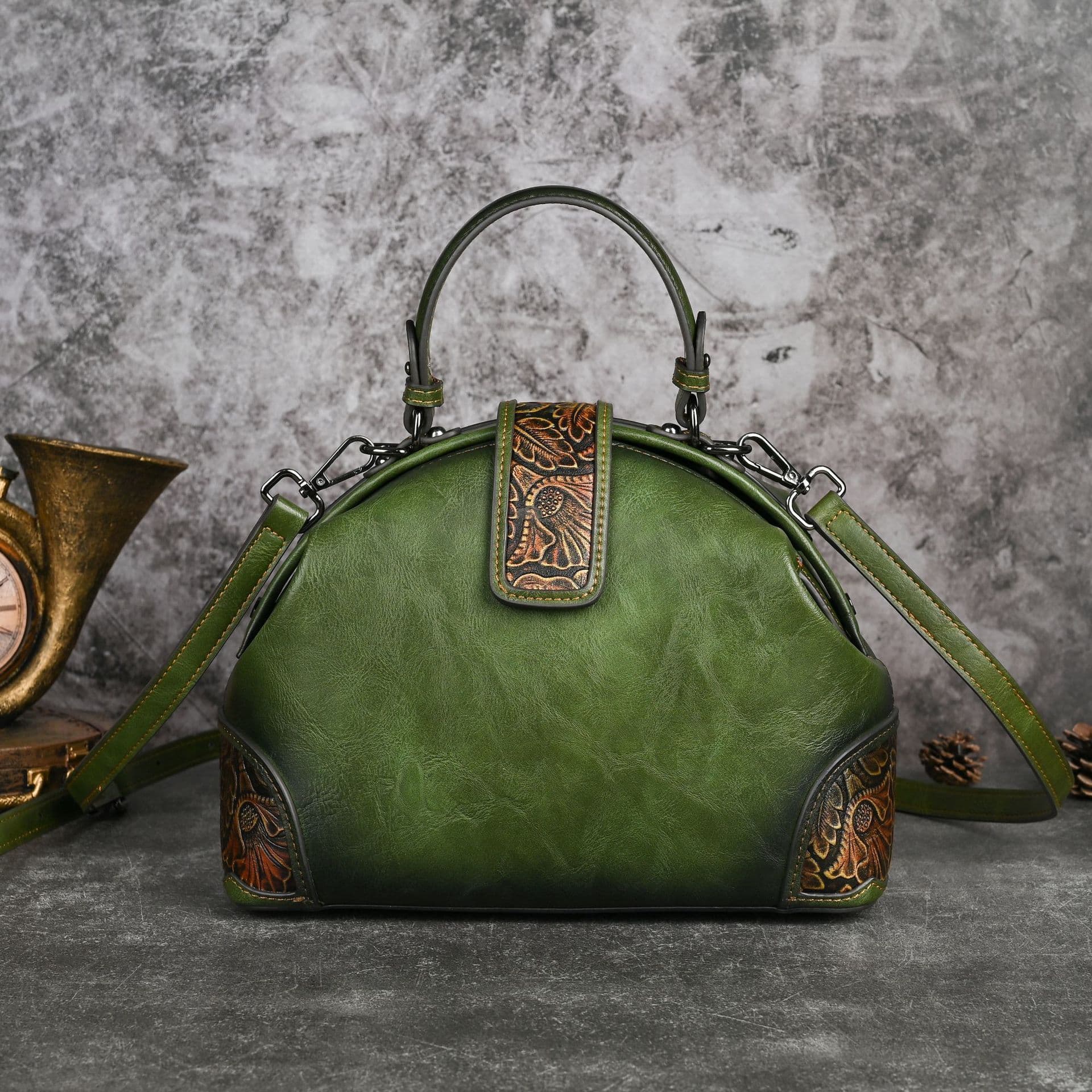 image-Women's Retro National Style Craft Hand-rub Color Three-dimensional Embossed Clip Bag