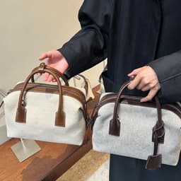 image-High-grade Light Luxury Linen Contrast Color Bowling Leather Casual Bag