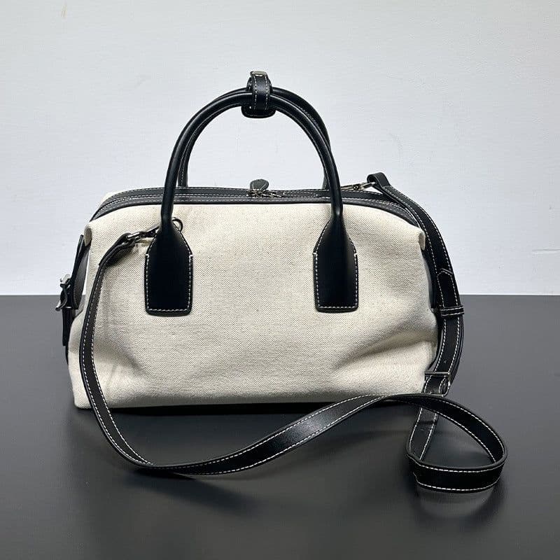 image-High-grade Light Luxury Linen Contrast Color Bowling Leather Casual Bag