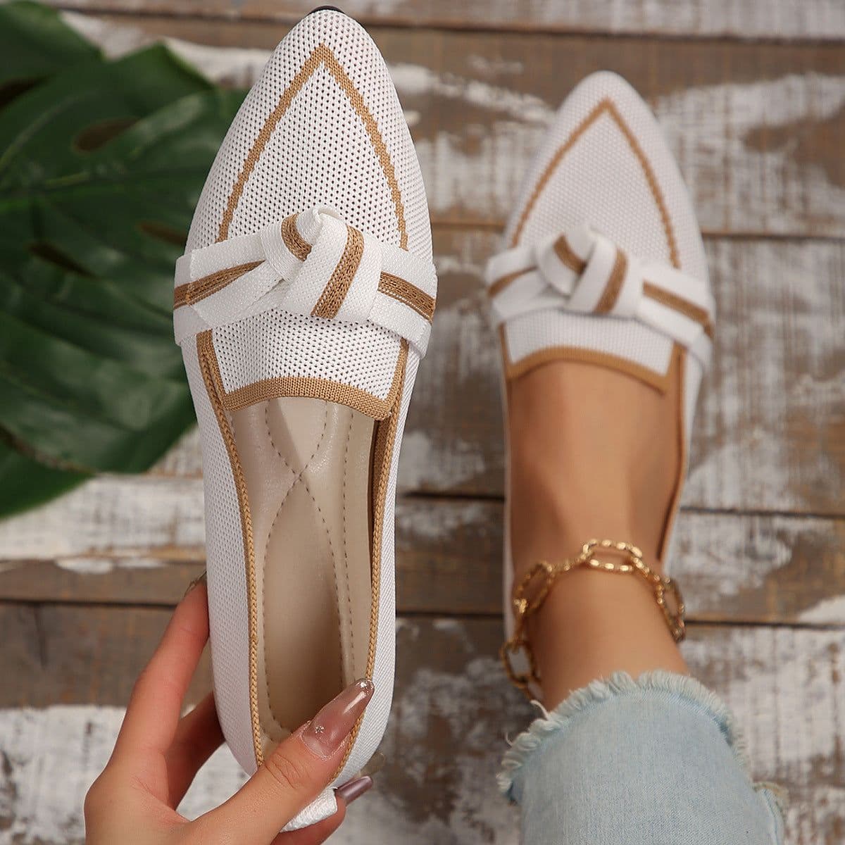 image-Fashion Pointed Toe Bow Flat Shoes For Women Lying Woven Slip-on Breathable Shoes Summer