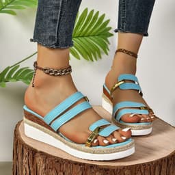 image-Colorblock-strap Wedges Sandals Summer Fashion Hemp Heel Slides Slippers Outdoor Thick Bottom Fish Mouth Shoes For Women