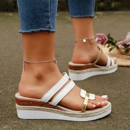 image-Colorblock-strap Wedges Sandals Summer Fashion Hemp Heel Slides Slippers Outdoor Thick Bottom Fish Mouth Shoes For Women