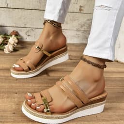 image-Colorblock-strap Wedges Sandals Summer Fashion Hemp Heel Slides Slippers Outdoor Thick Bottom Fish Mouth Shoes For Women
