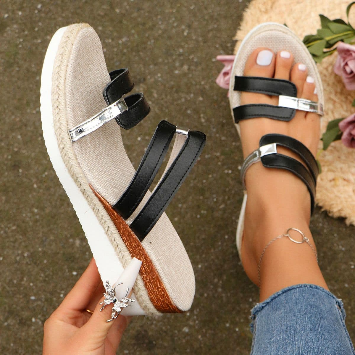 image-Colorblock-strap Wedges Sandals Summer Fashion Hemp Heel Slides Slippers Outdoor Thick Bottom Fish Mouth Shoes For Women