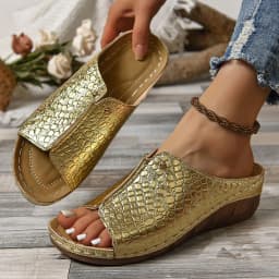 image-Fashion Crocodile-pattern Wedges Sandals Summer Outdoor Thick-soled Slippers Fish Mouth Shoes For Women
