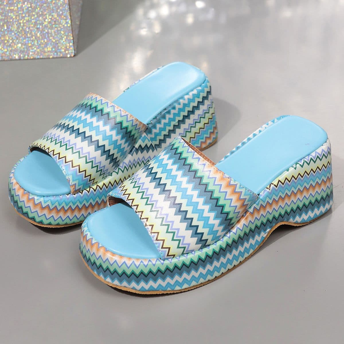 image-Fashion Colorful Wave Print Wedges Sandals Summer Outdoor High Heel Slippers Thick Bottom Shoes For Women