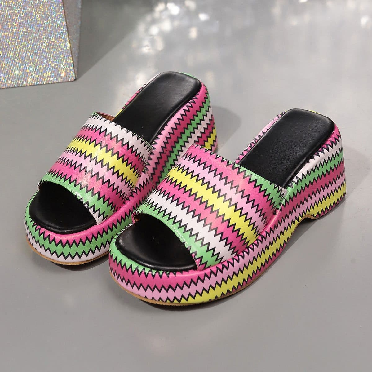 image-Fashion Colorful Wave Print Wedges Sandals Summer Outdoor High Heel Slippers Thick Bottom Shoes For Women