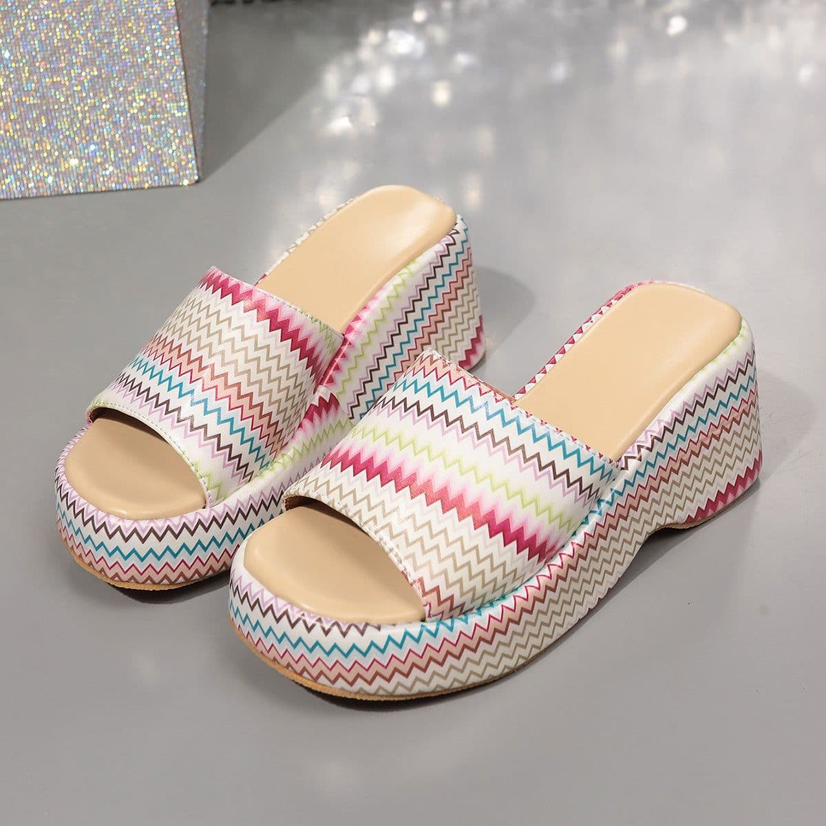 image-Fashion Colorful Wave Print Wedges Sandals Summer Outdoor High Heel Slippers Thick Bottom Shoes For Women