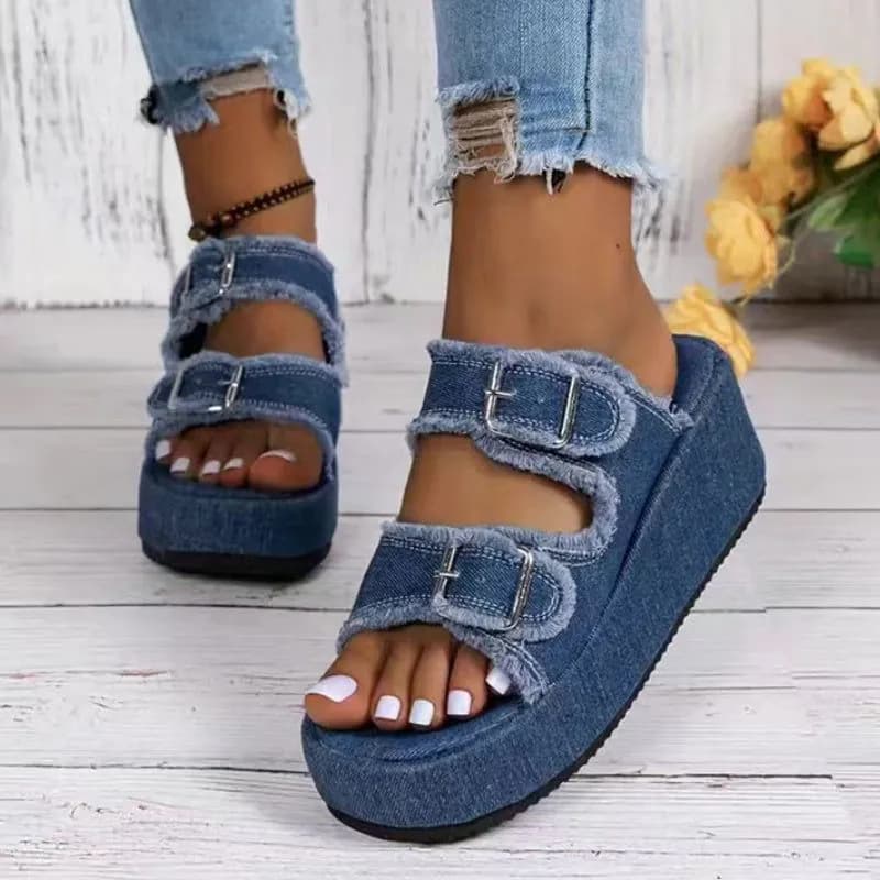 image-Fashion Denim Buckle Wedges Sandals Summer Outdoor High Heel Slippers Thick Bottom Camouflage Shoes For Women