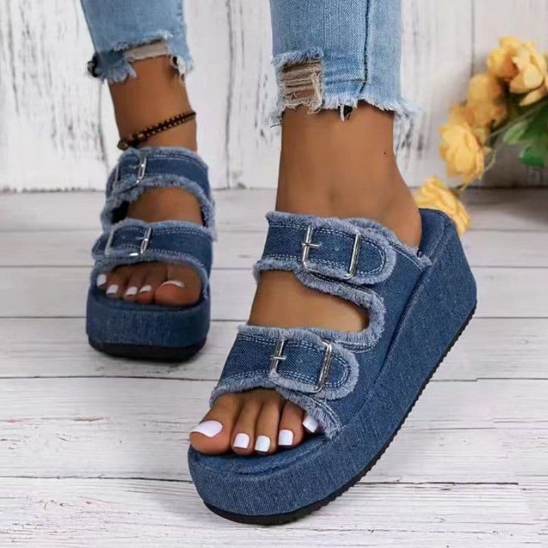 image-Fashion Denim Buckle Wedges Sandals Summer Outdoor High Heel Slippers Thick Bottom Camouflage Shoes For Women