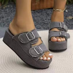 image-Fashion Denim Buckle Wedges Sandals Summer Outdoor High Heel Slippers Thick Bottom Camouflage Shoes For Women