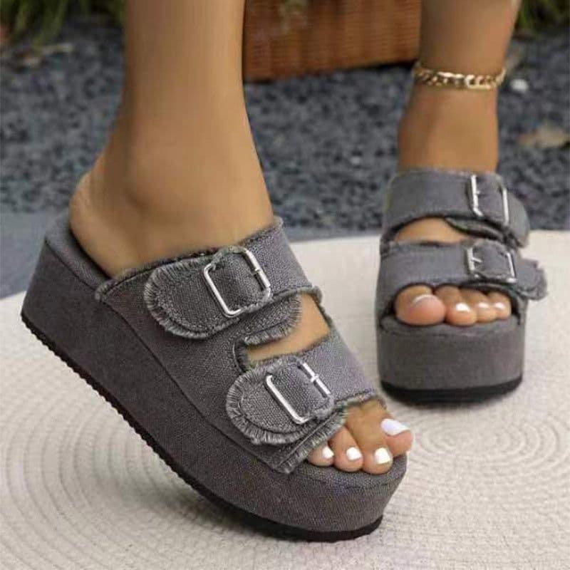 image-Fashion Denim Buckle Wedges Sandals Summer Outdoor High Heel Slippers Thick Bottom Camouflage Shoes For Women