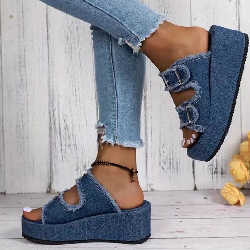 image-Fashion Denim Buckle Wedges Sandals Summer Outdoor High Heel Slippers Thick Bottom Camouflage Shoes For Women