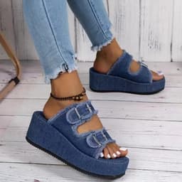 image-Fashion Denim Buckle Wedges Sandals Summer Outdoor High Heel Slippers Thick Bottom Camouflage Shoes For Women