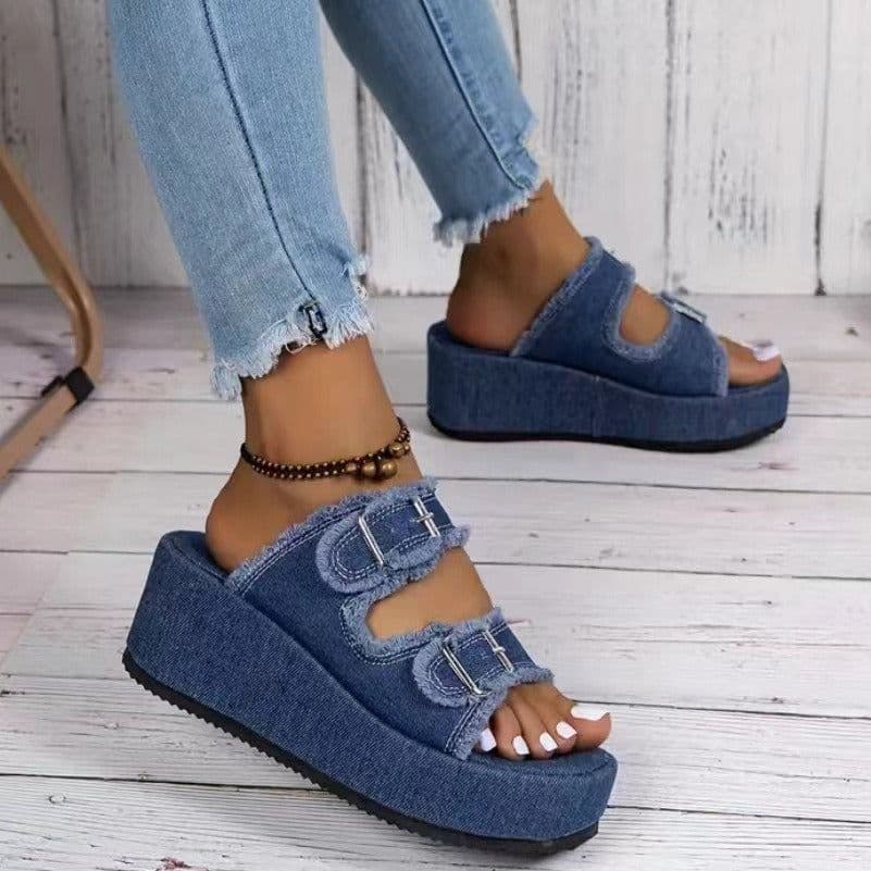 image-Fashion Denim Buckle Wedges Sandals Summer Outdoor High Heel Slippers Thick Bottom Camouflage Shoes For Women