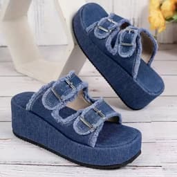 image-Fashion Denim Buckle Wedges Sandals Summer Outdoor High Heel Slippers Thick Bottom Camouflage Shoes For Women