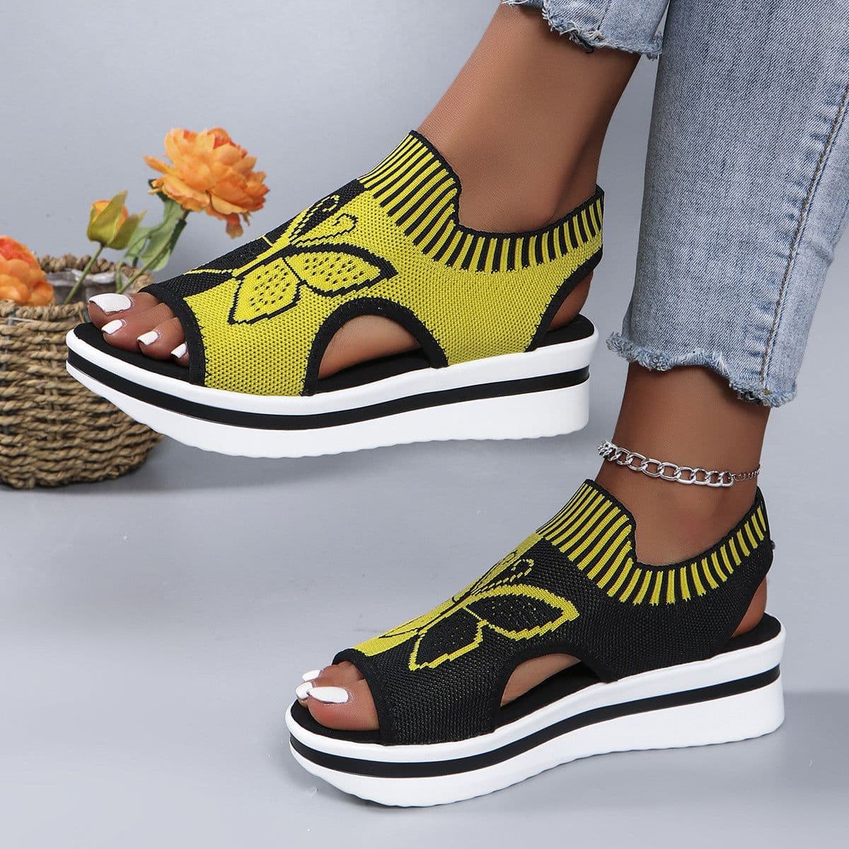 image-Summer Butterfly Print Sports Sandals Casual Breathable Flying Woven Flat Shoes For Women