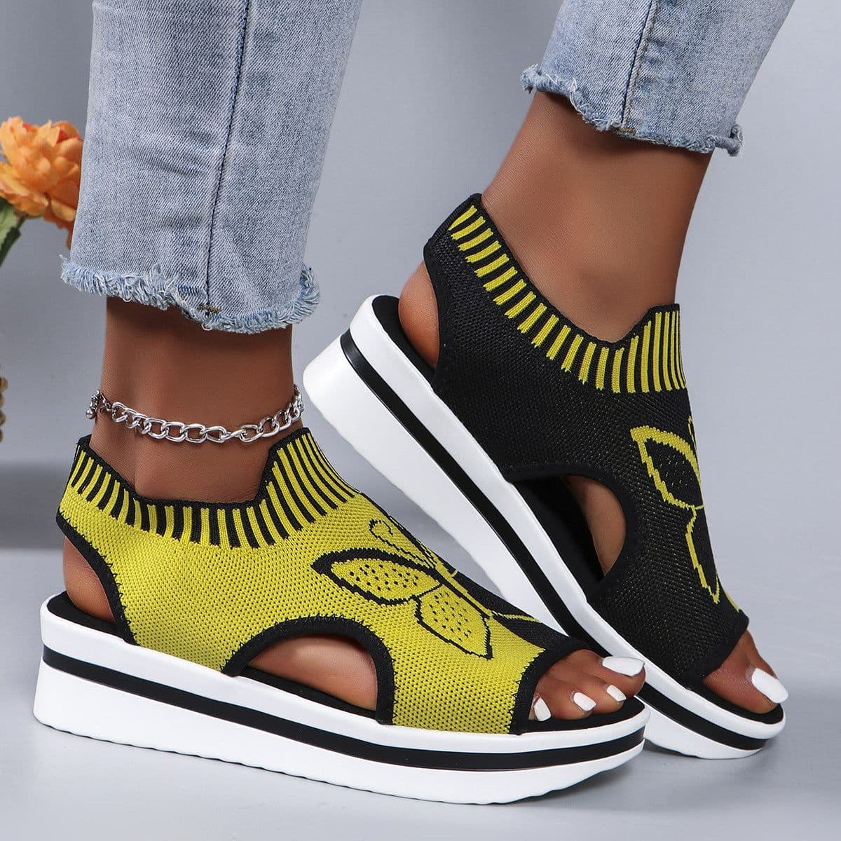 image-Summer Butterfly Print Sports Sandals Casual Breathable Flying Woven Flat Shoes For Women