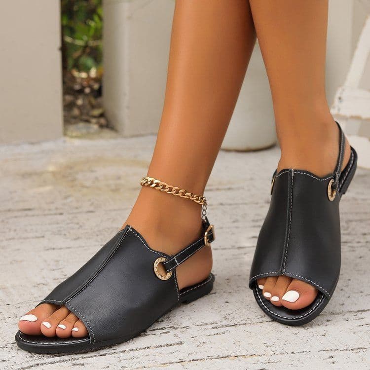 image-Fashion Solid Peep-toe Sandals With Back-srtap Summer Casual Outdoor Buckle Flats Beach Shoes For Women