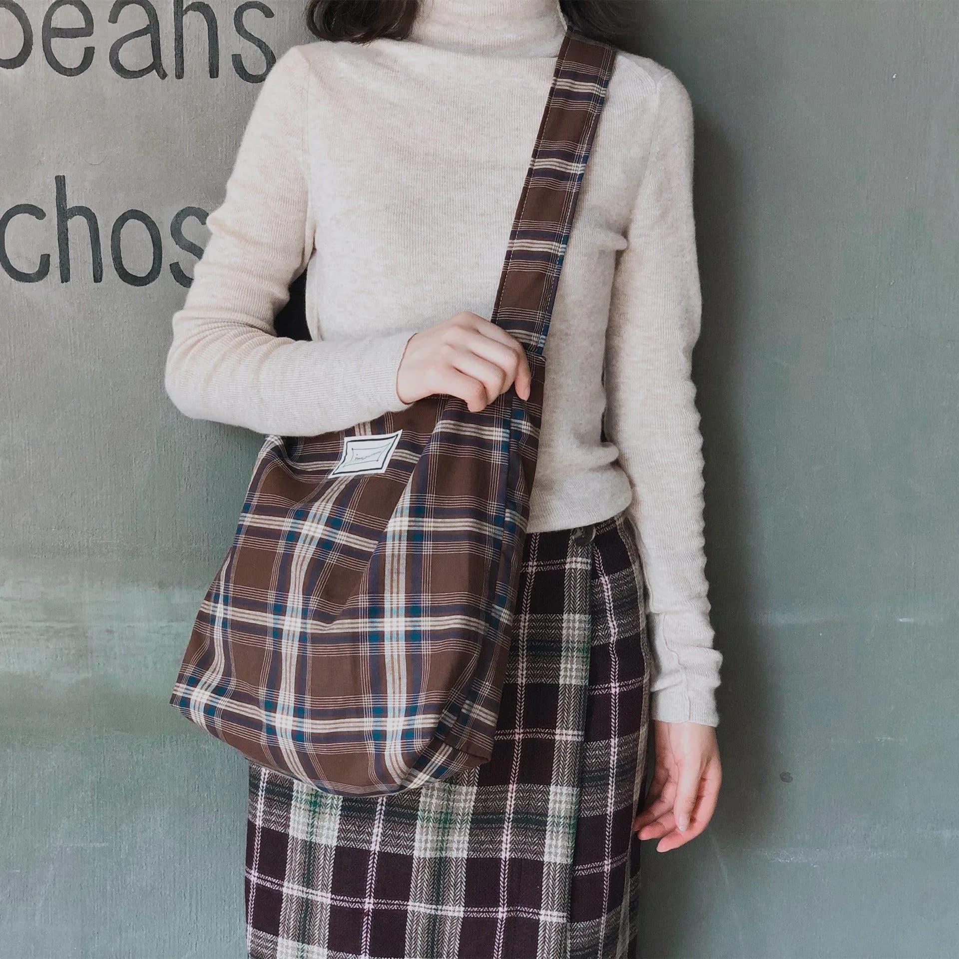 image-Artistic Plaid Cloth Bag Canvas Double-layer Shoulder Crossbody Dual-use