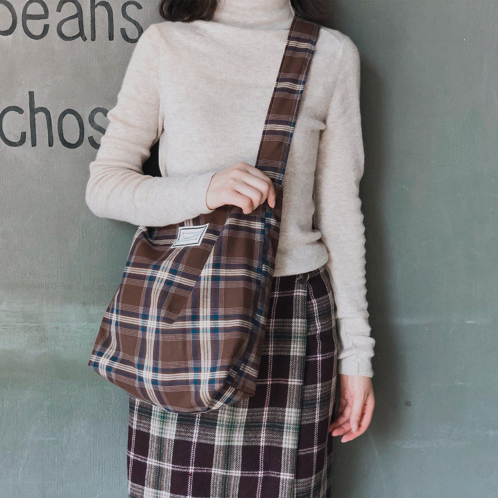 image-Artistic Plaid Cloth Bag Canvas Double-layer Shoulder Crossbody Dual-use