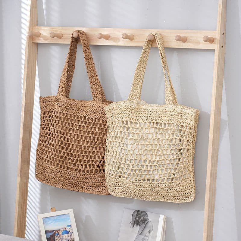 image-Women's Retro Artistic Beach Bag Paper String Hand-woven Beach Vacation Leisure Large Capacity Handbag