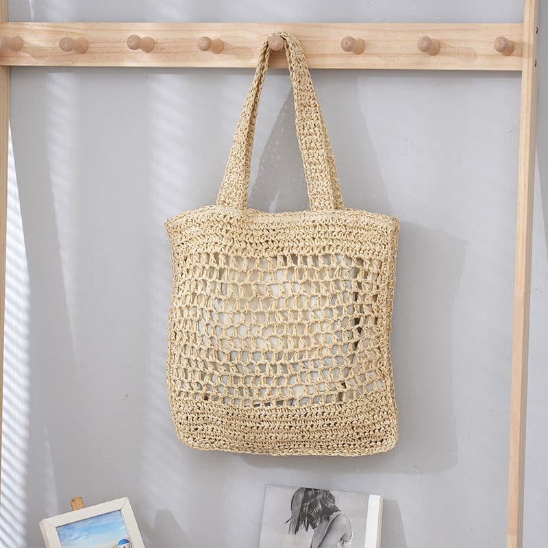 image-Women's Retro Artistic Beach Bag Paper String Hand-woven Beach Vacation Leisure Large Capacity Handbag