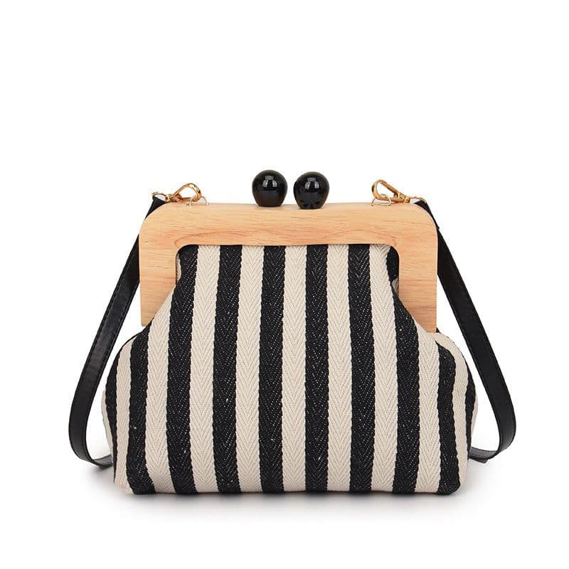 image-New Striped Canvas Wooden Clip-mouth Clutch