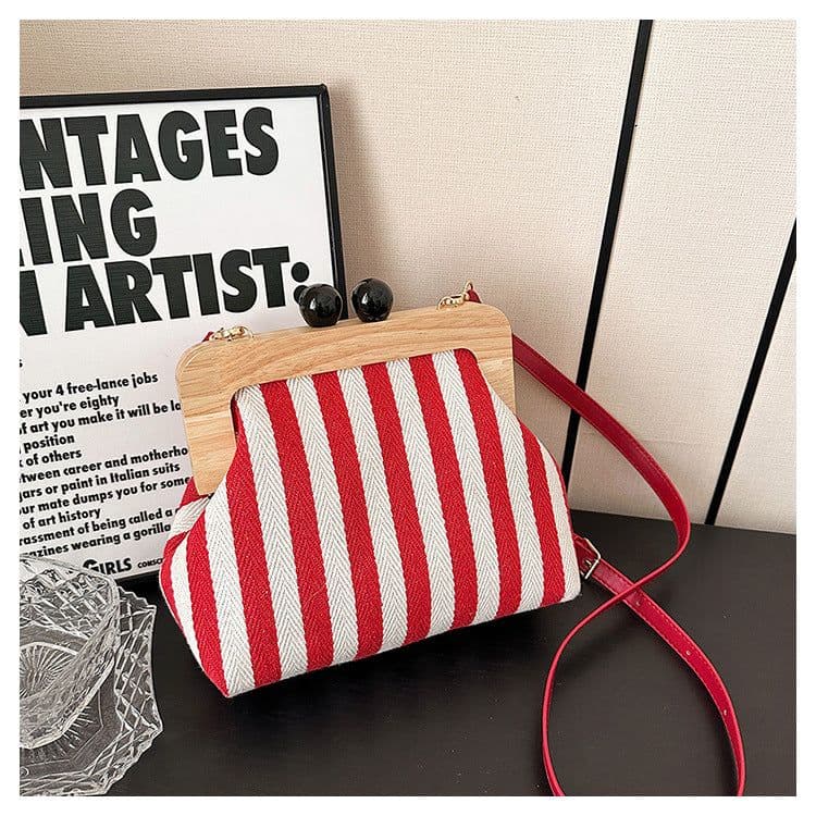 image-New Striped Canvas Wooden Clip-mouth Clutch