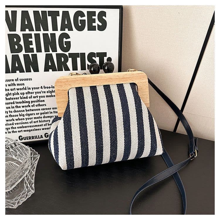 image-New Striped Canvas Wooden Clip-mouth Clutch