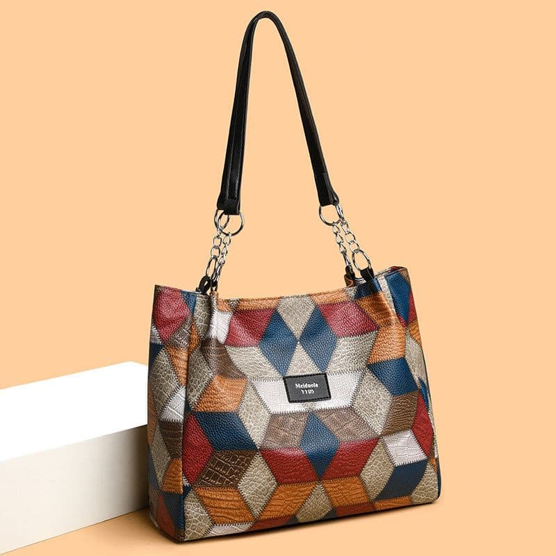 image-New Simple Stitching Fashion Shoulder Bag Large Capacity Totes PU Soft Texture Casual Light Trendy Handbag
