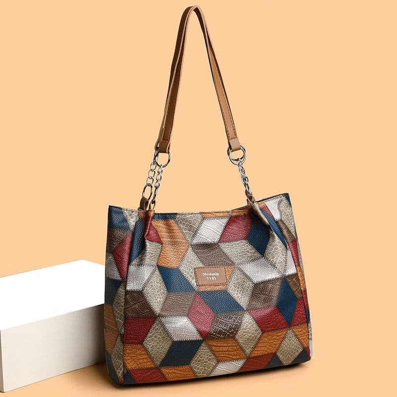 image-New Simple Stitching Fashion Shoulder Bag Large Capacity Totes PU Soft Texture Casual Light Trendy Handbag