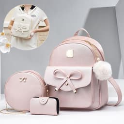 image-Fashion Women's Bags PU Bow Composite Bag Young Girl Student Cute Shoulders Backpack Crossbody Bags Coin Purse 3pcs Set