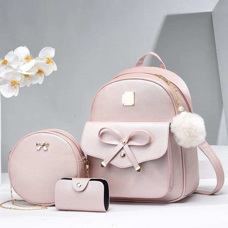 image-Fashion Women's Bags PU Bow Composite Bag Young Girl Student Cute Shoulders Backpack Crossbody Bags Coin Purse 3pcs Set