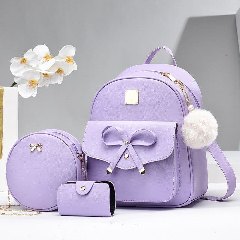 image-Fashion Women's Bags PU Bow Composite Bag Young Girl Student Cute Shoulders Backpack Crossbody Bags Coin Purse 3pcs Set