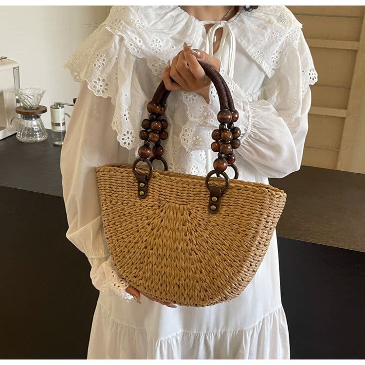 image-Plaited Women's Bag Beach Holiday Handbag Large Capacity Casual Semicircle