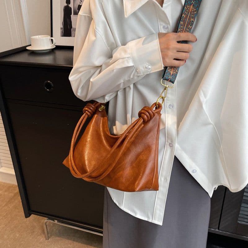 image-Women's High-end Soft Leather Textured Shoulder Geometric Wide Shoulder Strap Crossbody Bag