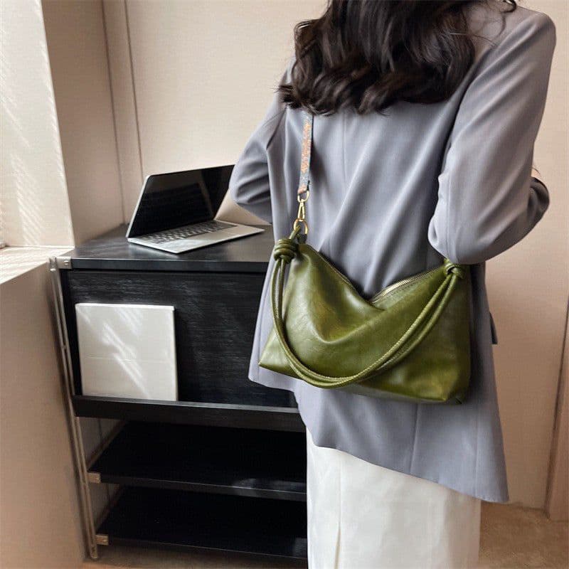 image-Women's High-end Soft Leather Textured Shoulder Geometric Wide Shoulder Strap Crossbody Bag