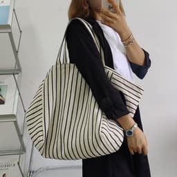 image-Canvas Bag For Women Ins Shoulder Large Capacity Idle Style Striped Fashion