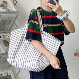 image-Canvas Bag For Women Ins Shoulder Large Capacity Idle Style Striped Fashion