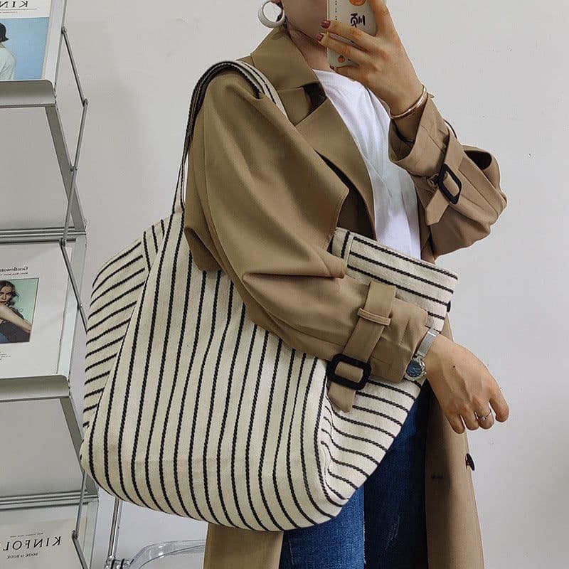image-Canvas Bag For Women Ins Shoulder Large Capacity Idle Style Striped Fashion