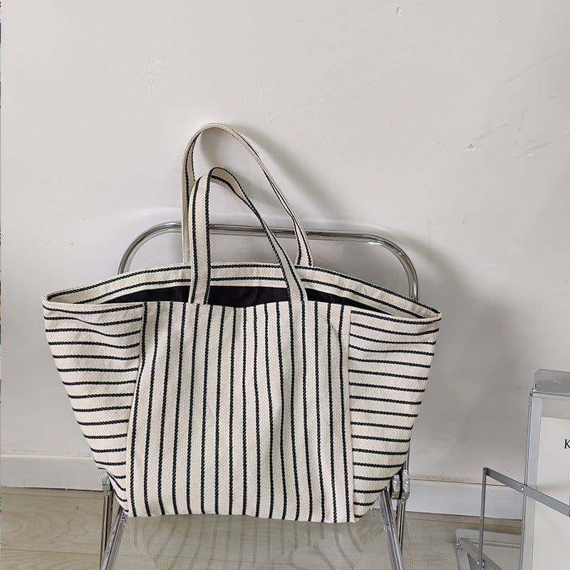 image-Canvas Bag For Women Ins Shoulder Large Capacity Idle Style Striped Fashion