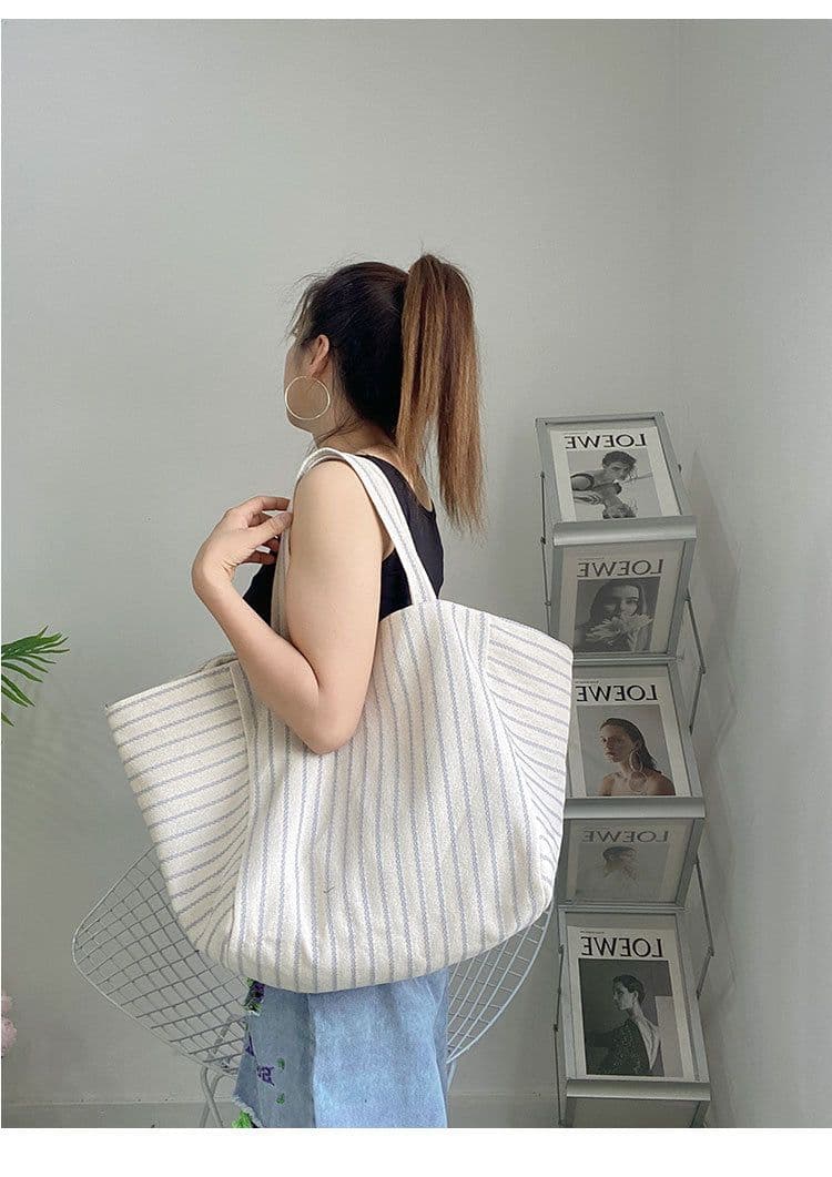 image-Canvas Bag For Women Ins Shoulder Large Capacity Idle Style Striped Fashion