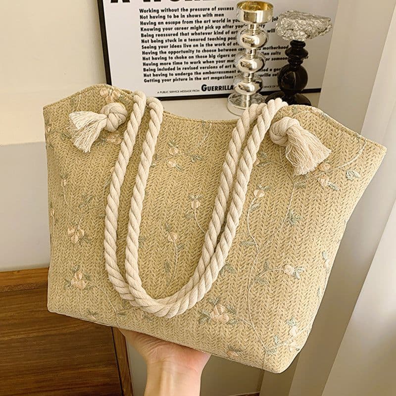 image-Lace Bag Ins Straw Shoulder Bag Large Capacity Flower Woven Handbag