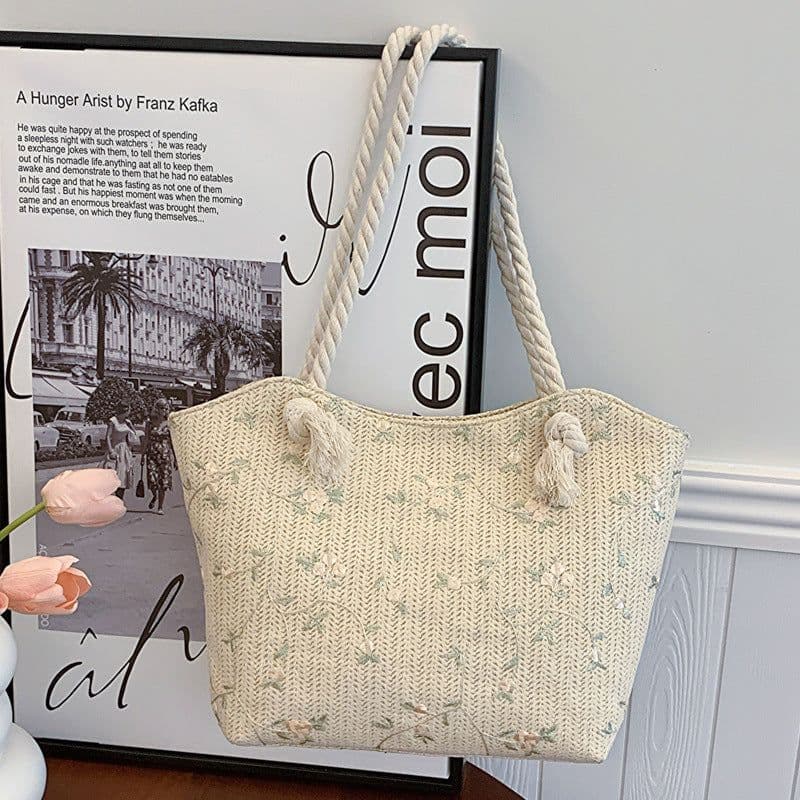 image-Lace Bag Ins Straw Shoulder Bag Large Capacity Flower Woven Handbag