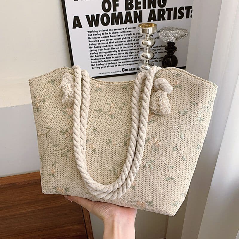 image-Lace Bag Ins Straw Shoulder Bag Large Capacity Flower Woven Handbag