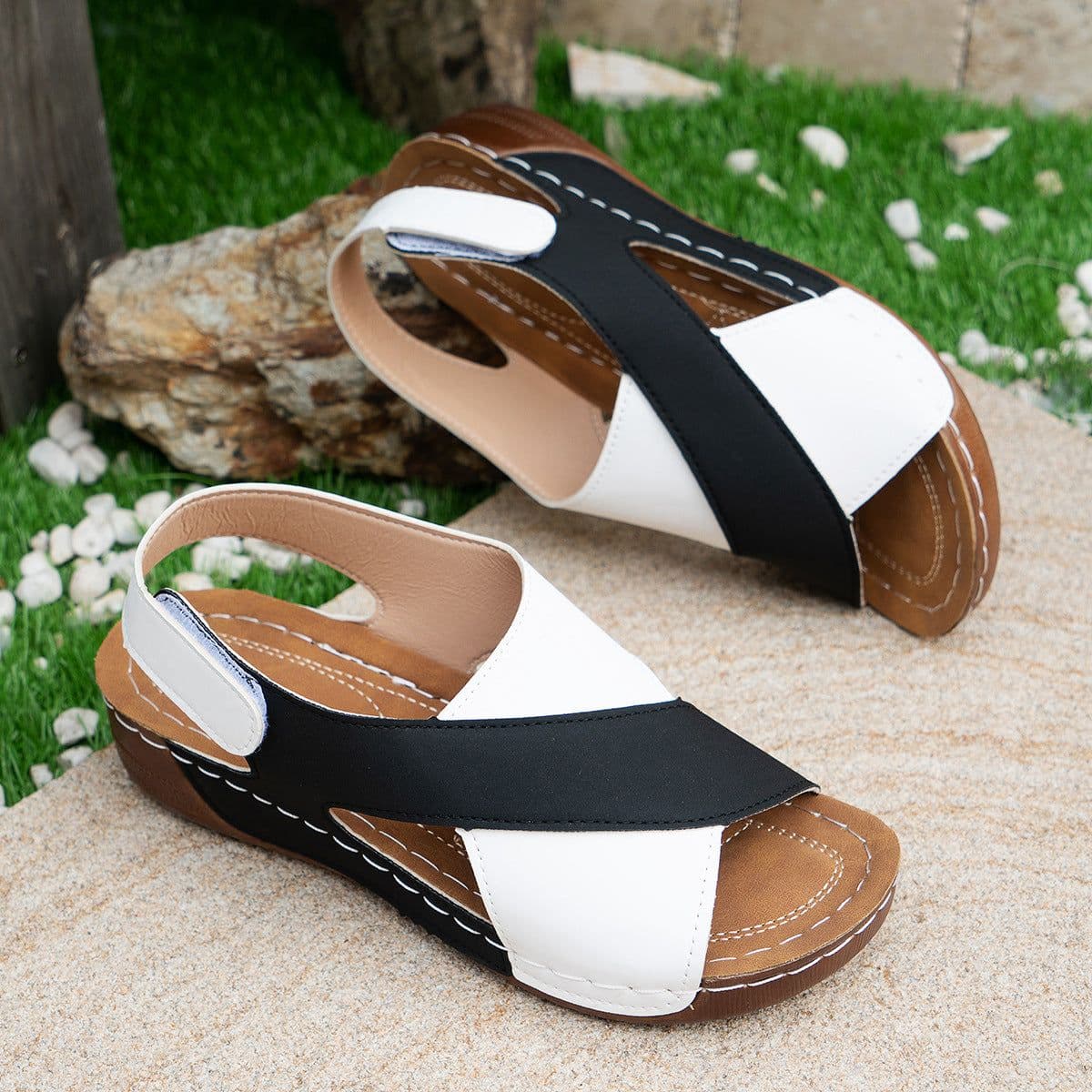image-Summer Wedges Sandals With Colorblock Cross-strap Design Casual Thick-soled Roman Shoes For Women