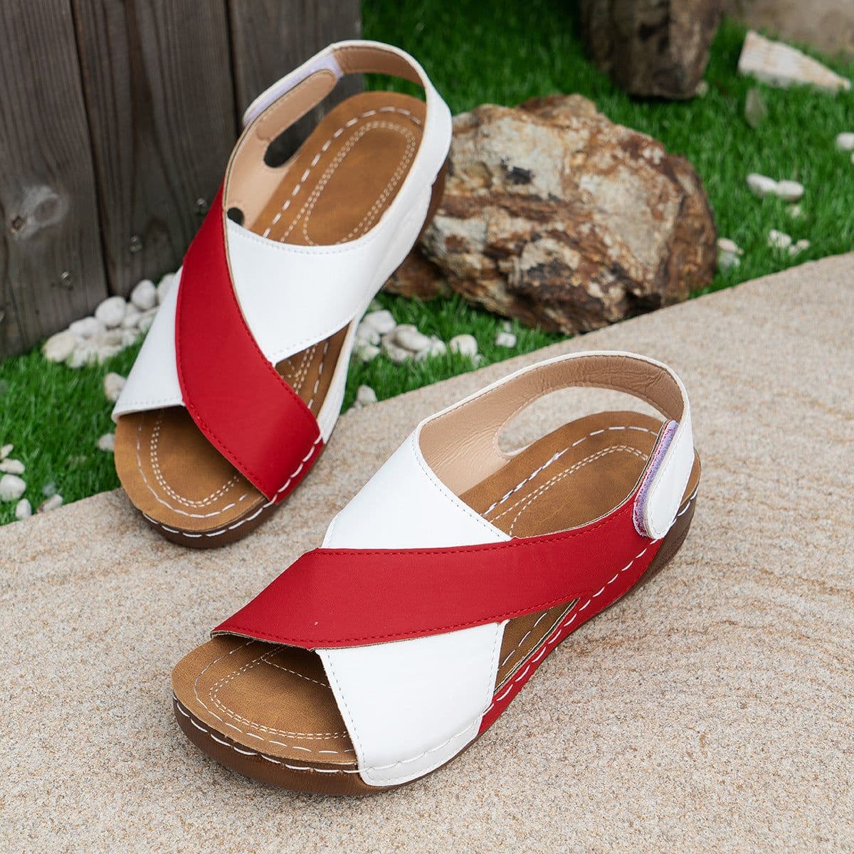 image-Summer Wedges Sandals With Colorblock Cross-strap Design Casual Thick-soled Roman Shoes For Women
